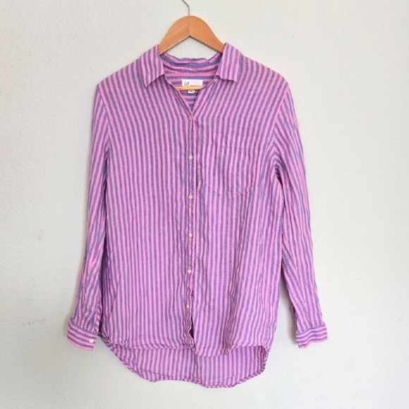 GAP Pink Stripe Oversize Boyfriend Shirt 100% Linen Buttom Down Summer Shirt - Picture 1 of 6
